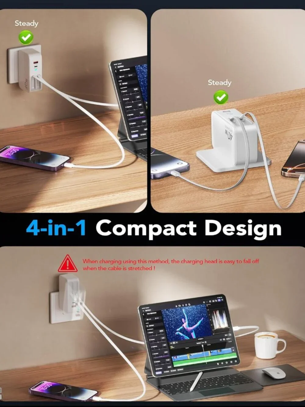 Retractable 40W USB C Fast Charger Wall Plug with Built-in 90cm/35.5in Type C